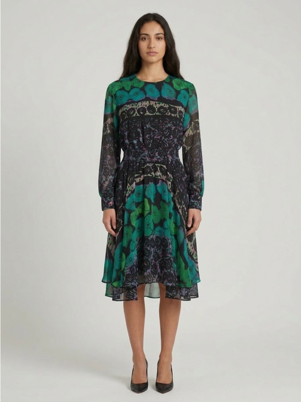 RACHEL Rachel Roy Green and Black Printed Long-Sleeve Midi Dress